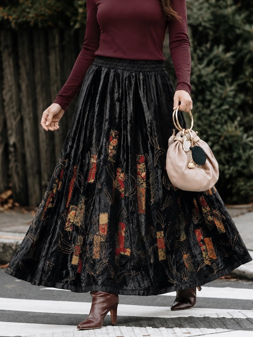 Dark Academia Black Velvet Burnout Patchwork Maxi Skirt Boho Whimsigoth Artsy, S - Picture 6 of 16